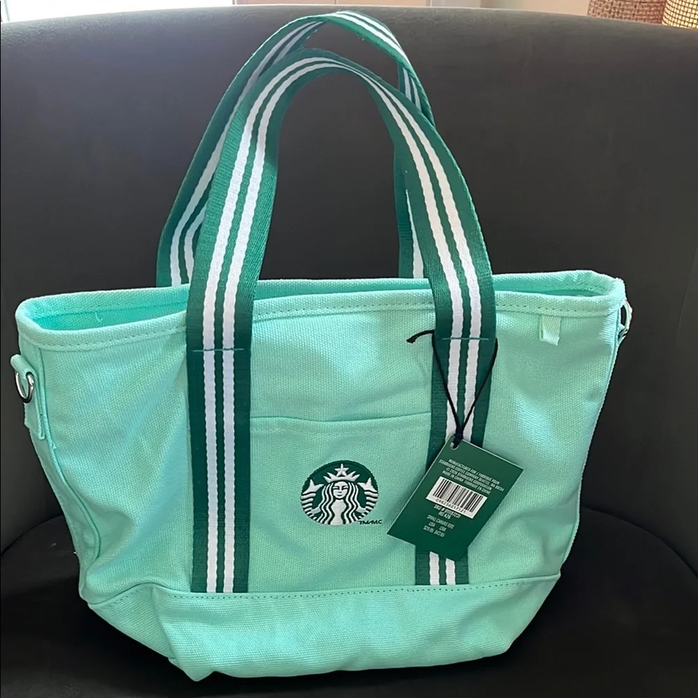 Starbucks Mint Green Canvas Tote Bag with Striped Handles - Picture 1 of 2